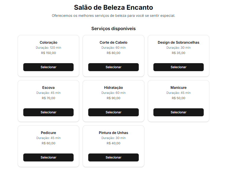 Tela de agendamento de serviços